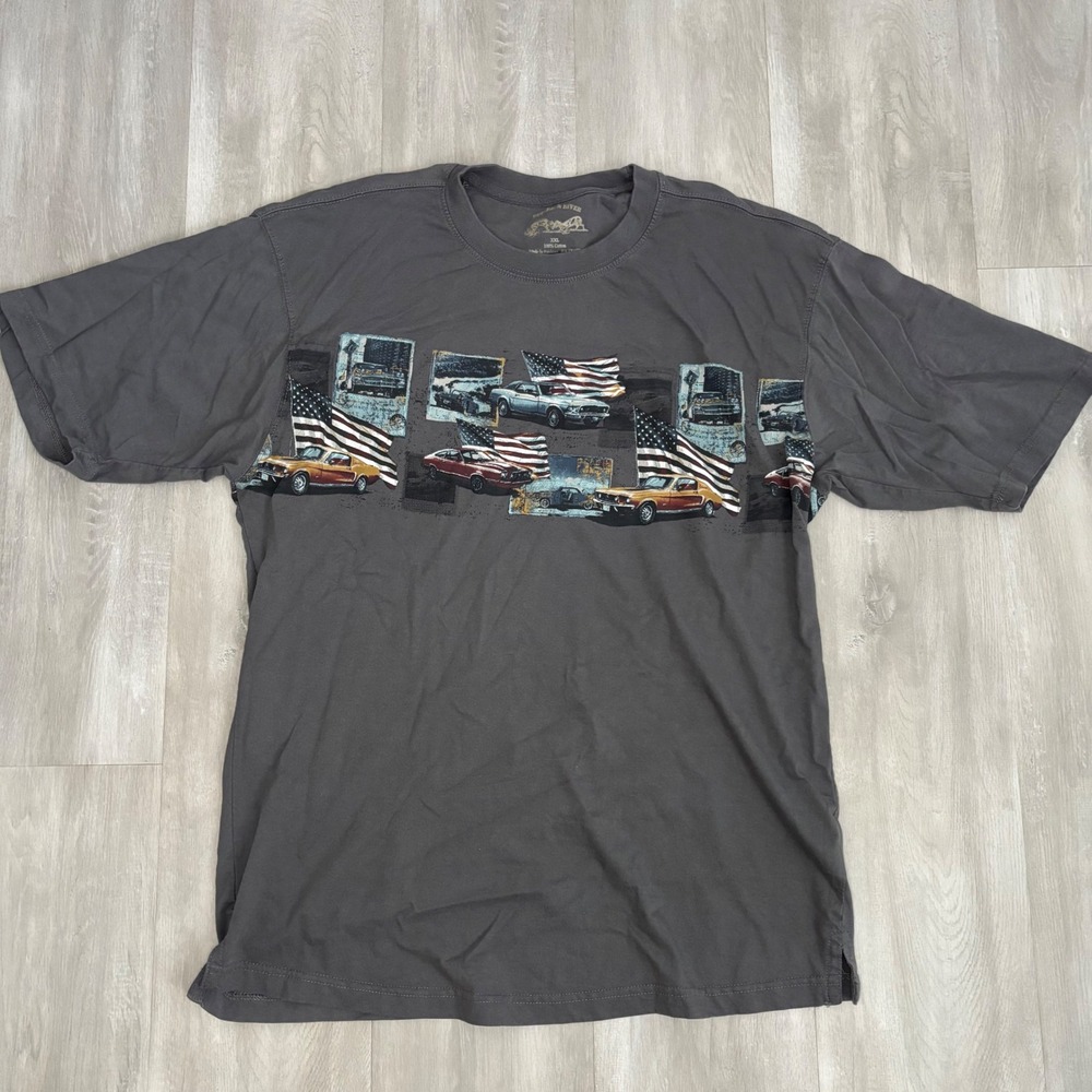 Buckhorn River Mens XXL Gray Muscle Car American Flag Graphic T-Shirt Cotton